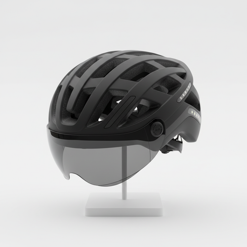Aerodynamic matte black e-bike cycling helmet with ventilation slots on white background