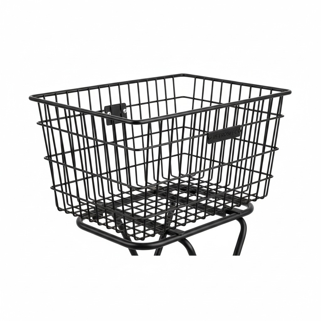 Black metal wire rear rack e-bike basket on white background