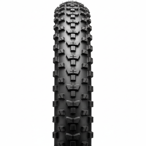 Black e-bike tire with deep tread pattern standing upright on white background