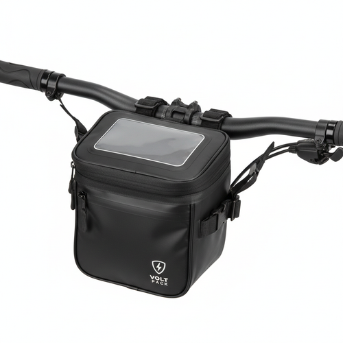 Waterproof e-bike handlebar bag with clear phone window mounted on handlebars